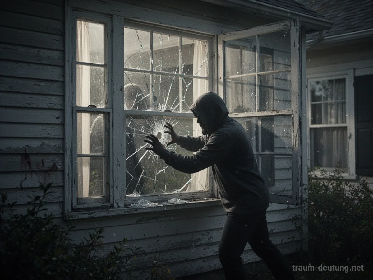 Schattenhafte Figur beschädigt ein Hausfenster, was Zerstörung im Traum symbolisiert.