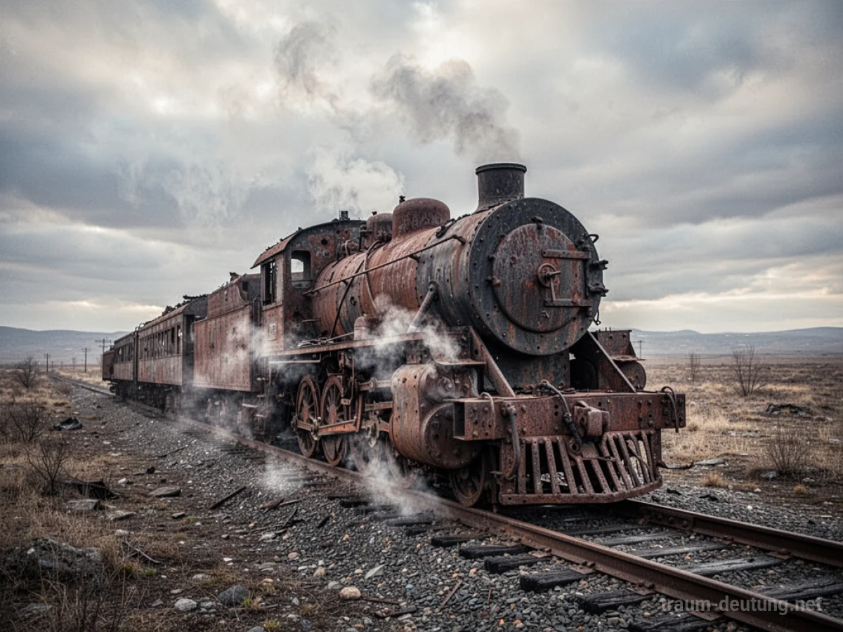 Ein kaputter Zug steht auf Bahngleisen in einer öden Landschaft unter bewölktem Himmel.