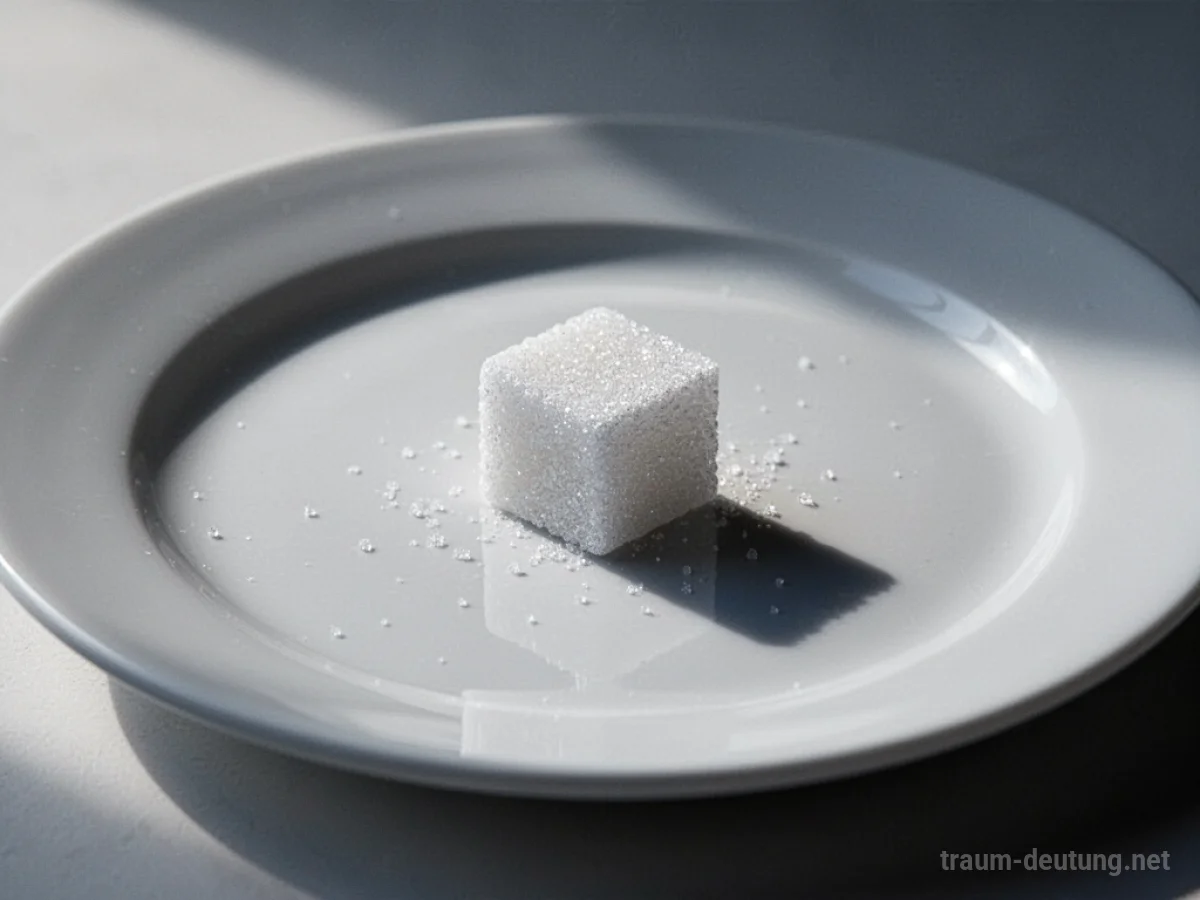 Ein einzelner Zuckerwürfel auf einem weißen Teller, der einen langen Schatten wirft.
