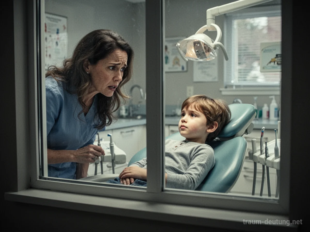Ein besorgter Elternteil blickt durch ein Fenster auf ein Kind beim Zahnarzt.