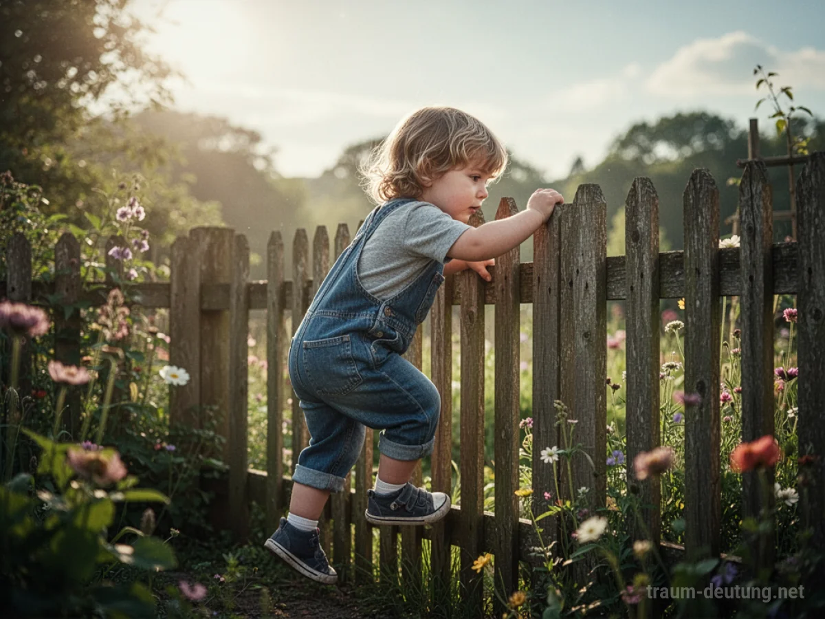 Kind klettert über einen Garten-Holzzaun in eine sonnige Landschaft.