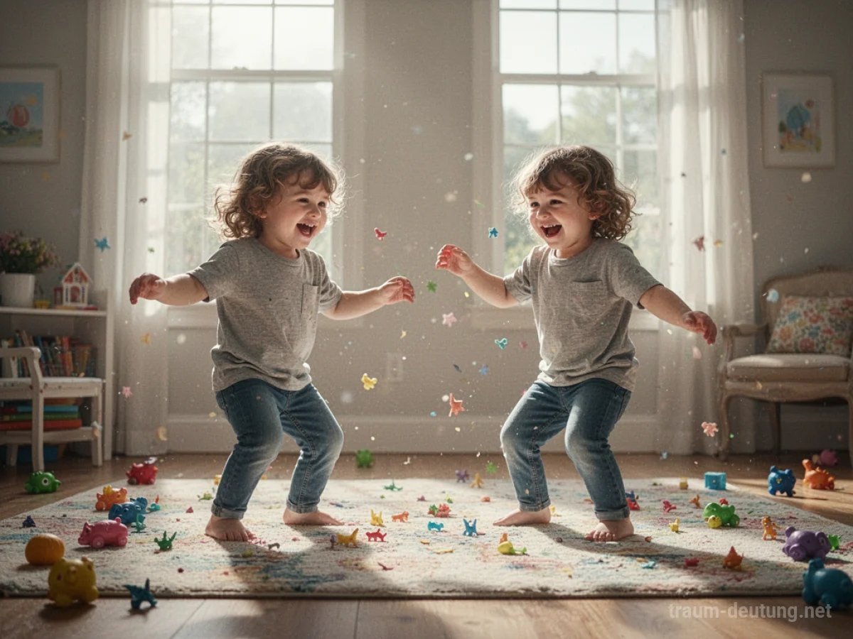 Zwei identische Kinder spielen fröhlich im selben Raum.