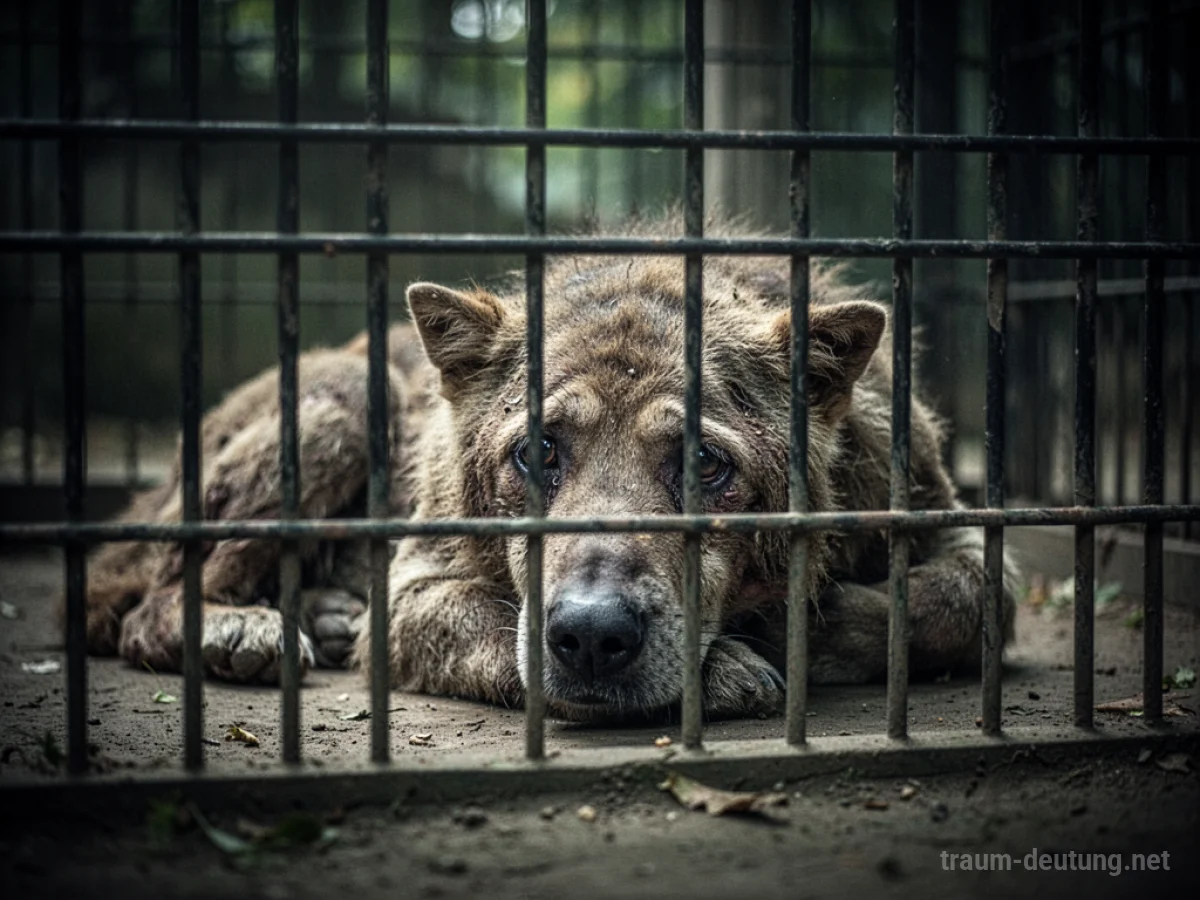 Ein krankes Tier liegt traurig in einem Zoo-Gehege, das von Gittern umgeben ist.