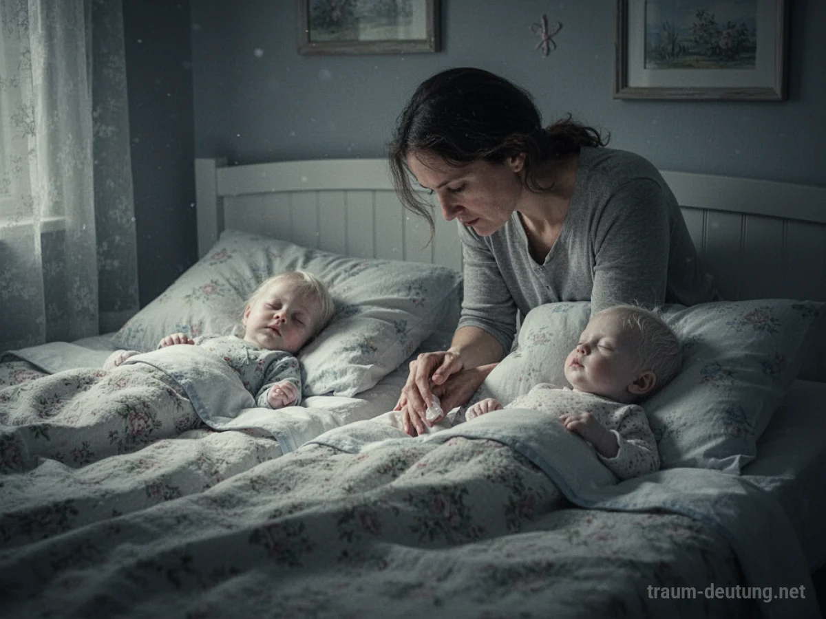 Person pflegt zwei kranke Zwillinge im Bett