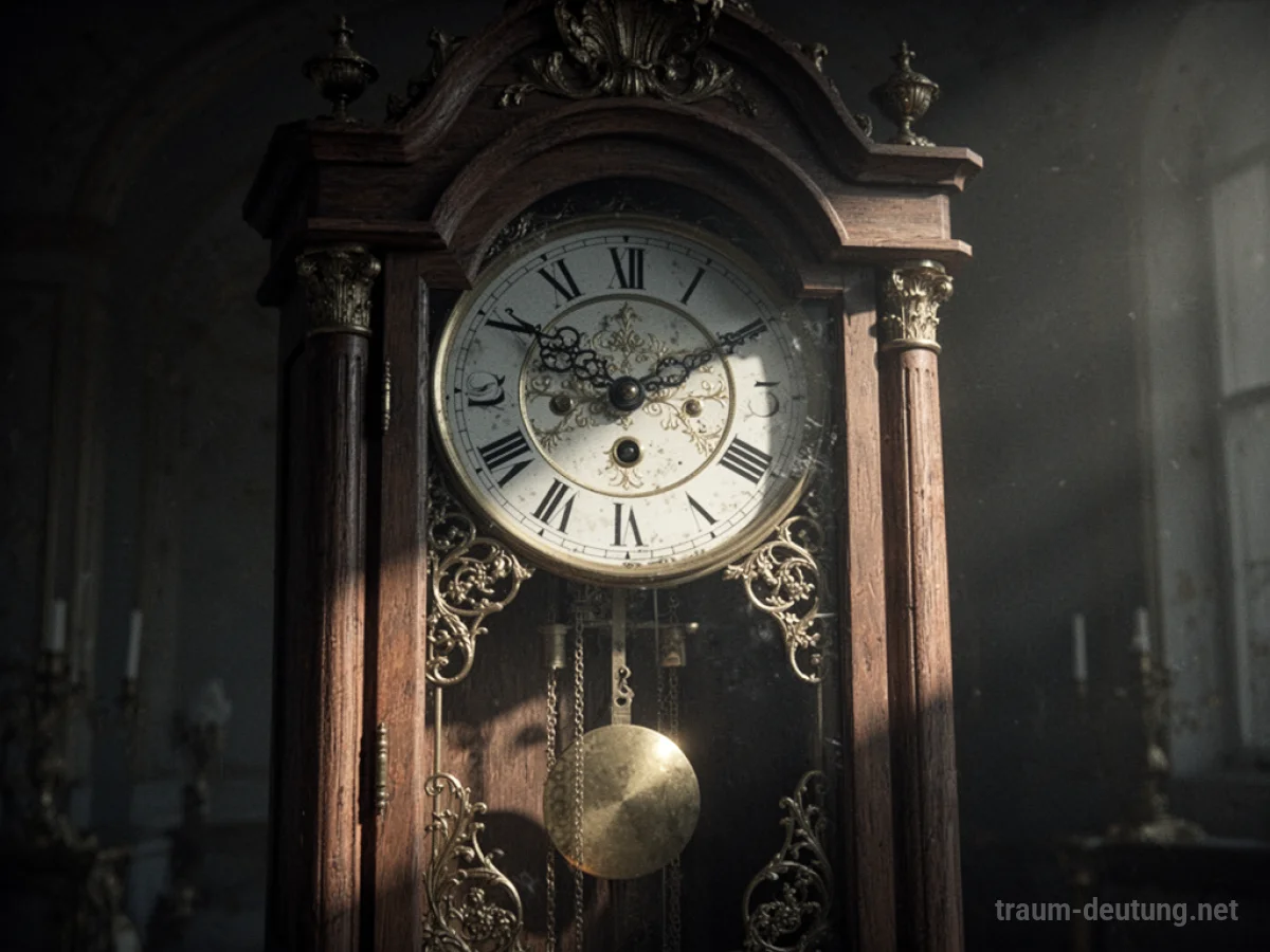 Eine große, alte Standuhr mit tickendem Pendel im Dunkeln.