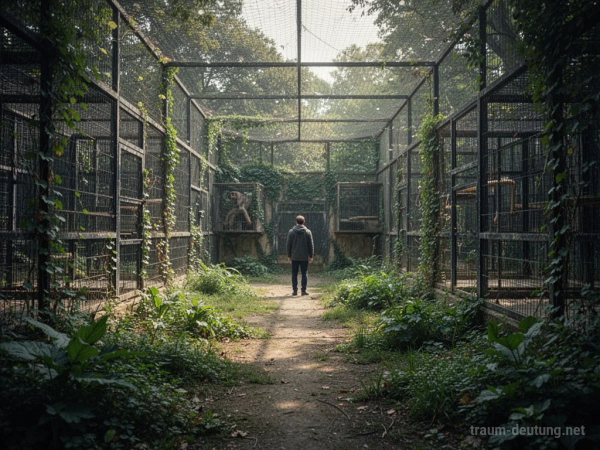Ein leerer Zoo mit überwucherten Gehegen und einer einzelnen Person in der Ferne.