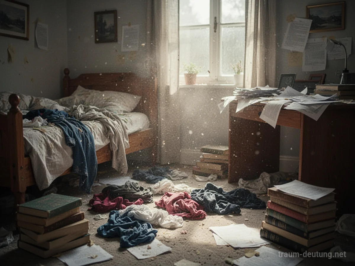 Ein unordentliches Zimmer mit Kleidung auf dem Boden und auf einem Schreibtisch.