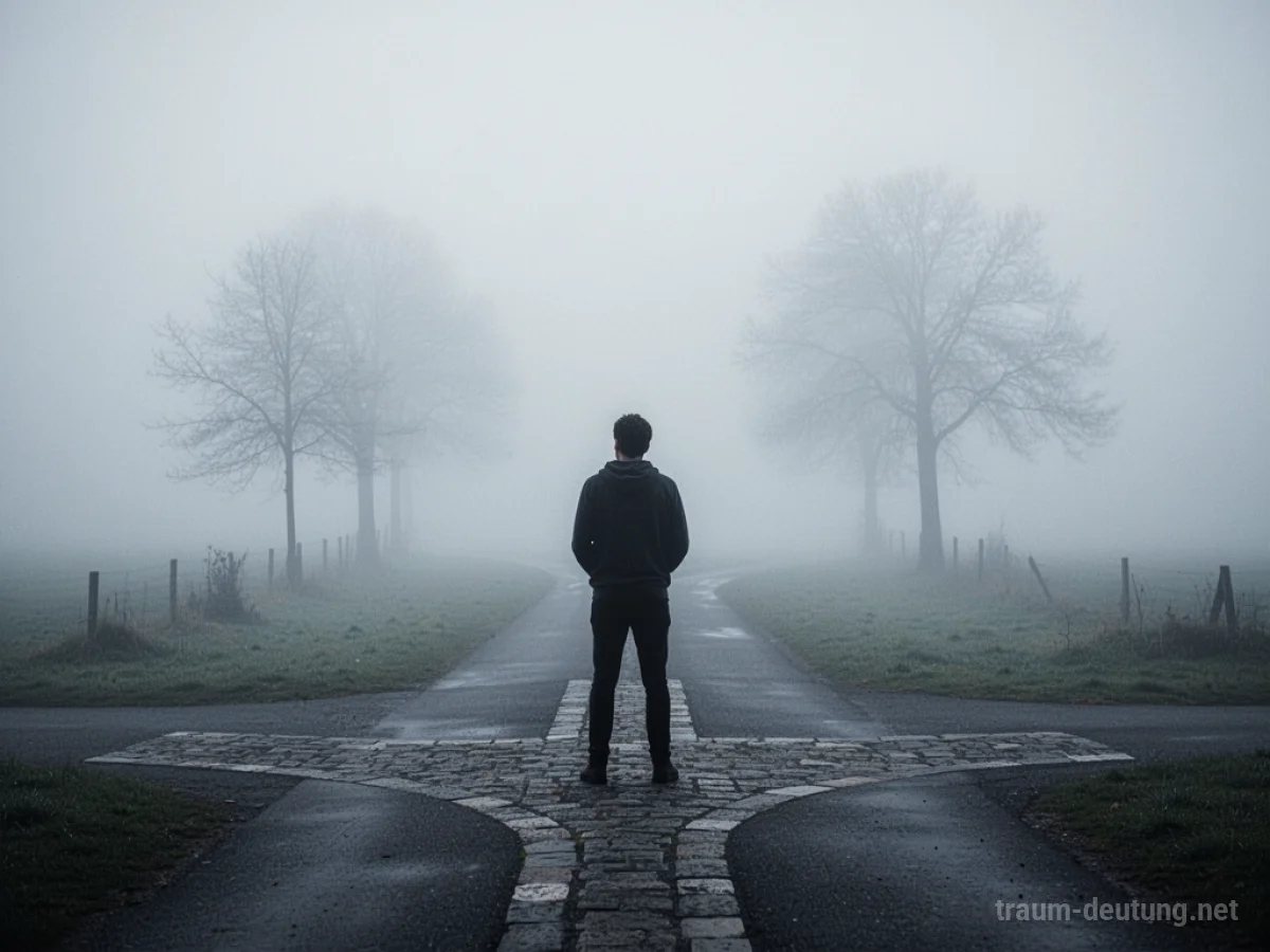 Silhouette einer Person, die an einer nebligen Weggabelung steht und verwirrt in die Ferne blickt.