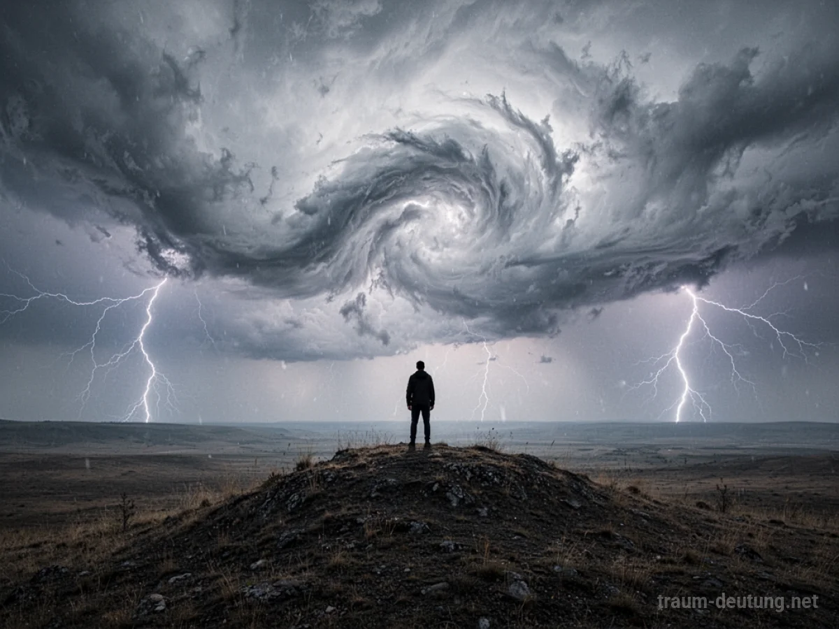 Eine einzelne Figur steht auf einem Hügel und blickt auf eine dramatische Wolkenformation am Himmel.