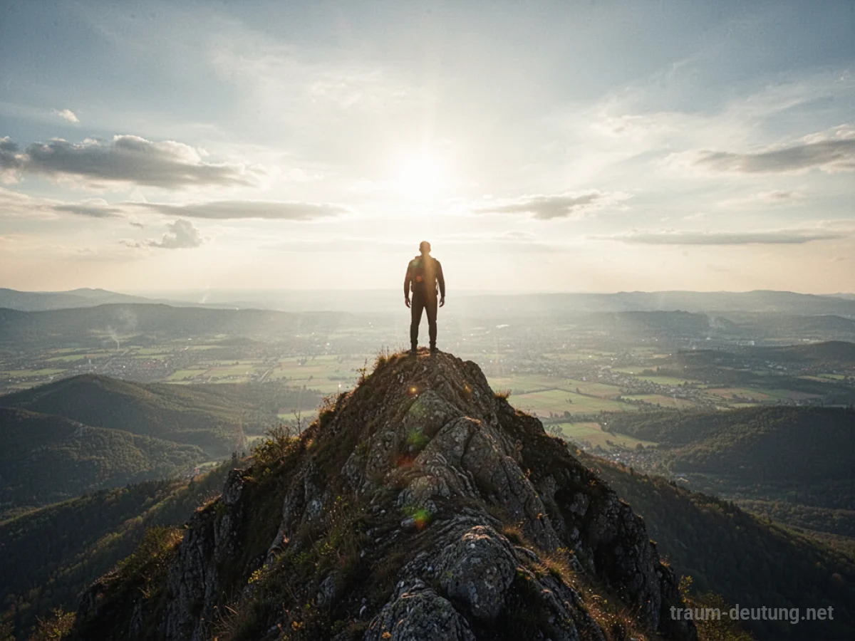 Silhouette einer Person, die auf einem Berggipfel steht und in die Ferne blickt.