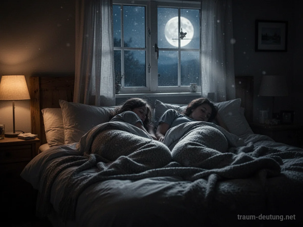 Ein gemütliches Schlafzimmer mit zwei silhouettenhaften Figuren im Bett