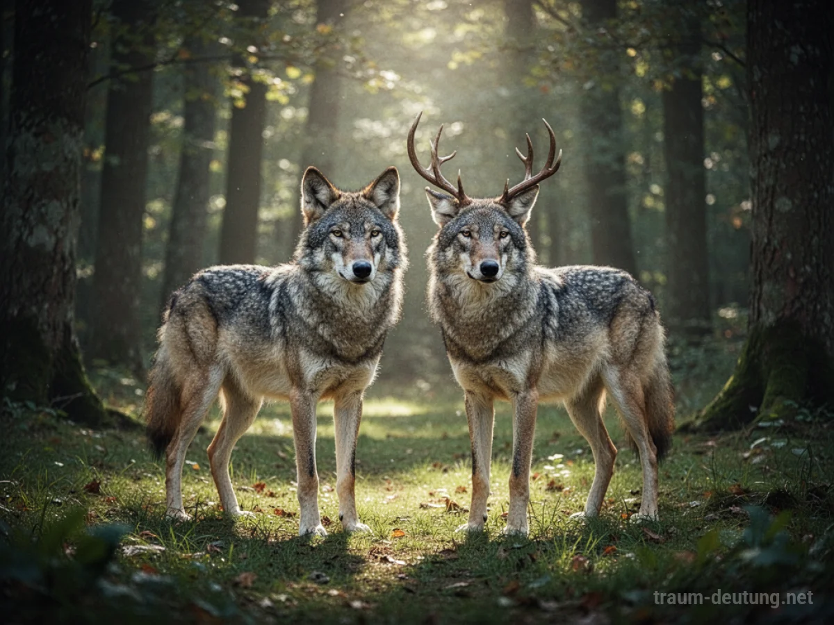 Zwei identische Rehe stehen friedlich nebeneinander auf einer sonnenbeschienenen Lichtung.