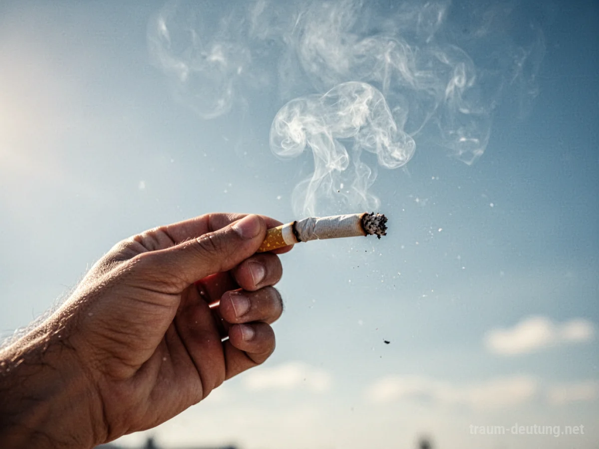 Hand zerdrückt Zigarette mit Rauch, der in klaren Himmel aufsteigt.