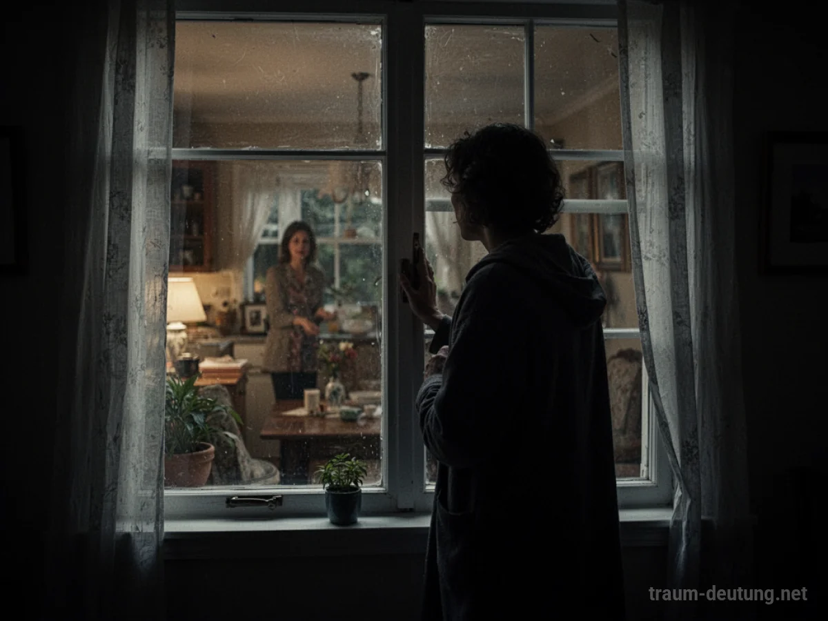 Schattenfigur blickt durch ein Fenster in ein hell erleuchtetes Zuhause, in dem eine Person zu sehen ist.