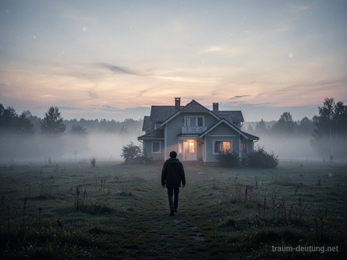 Eine Person verlässt ein Haus und geht in eine neblige Landschaft.