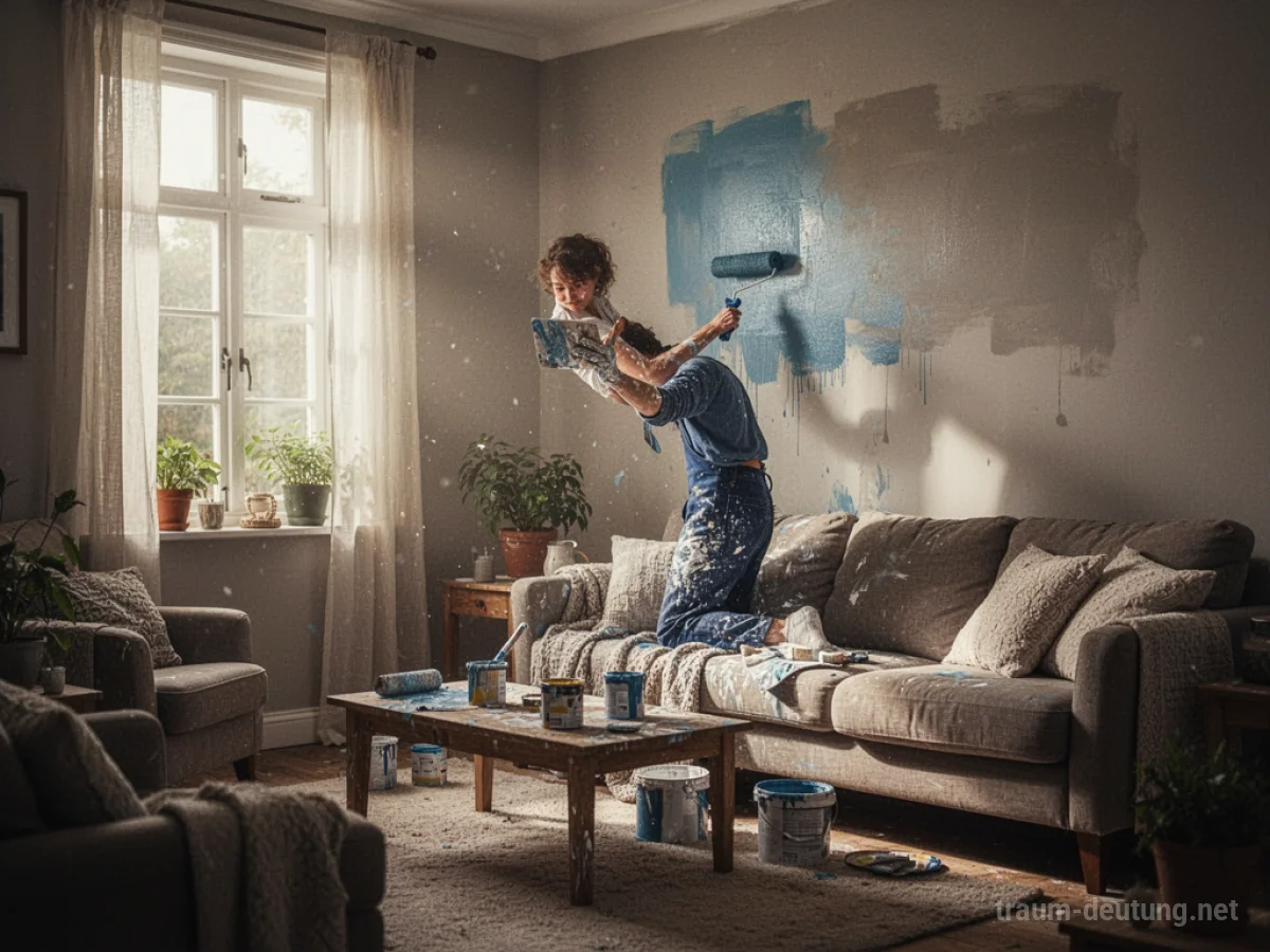 Person streicht eine Wand in einem gemütlichen Wohnzimmer, Sonnenlicht fällt herein.