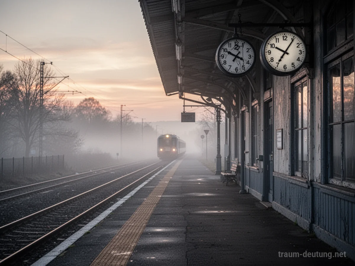 Bahnhof mit leerem Bahnsteig und fernem Zug im Nebel, Uhr zeigt späte Zeit.
