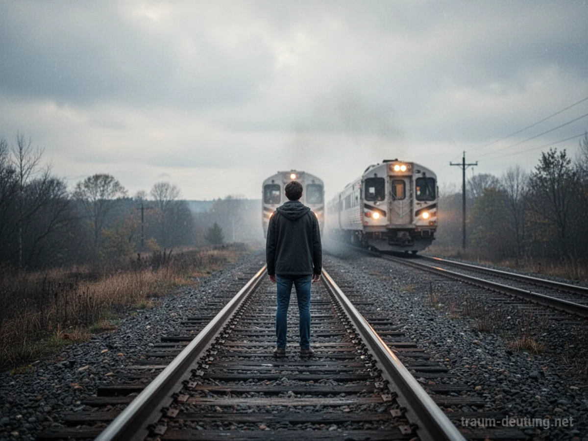 Eine Person steht auf Bahngleisen und blickt auf einen heranfahrenden Zug.