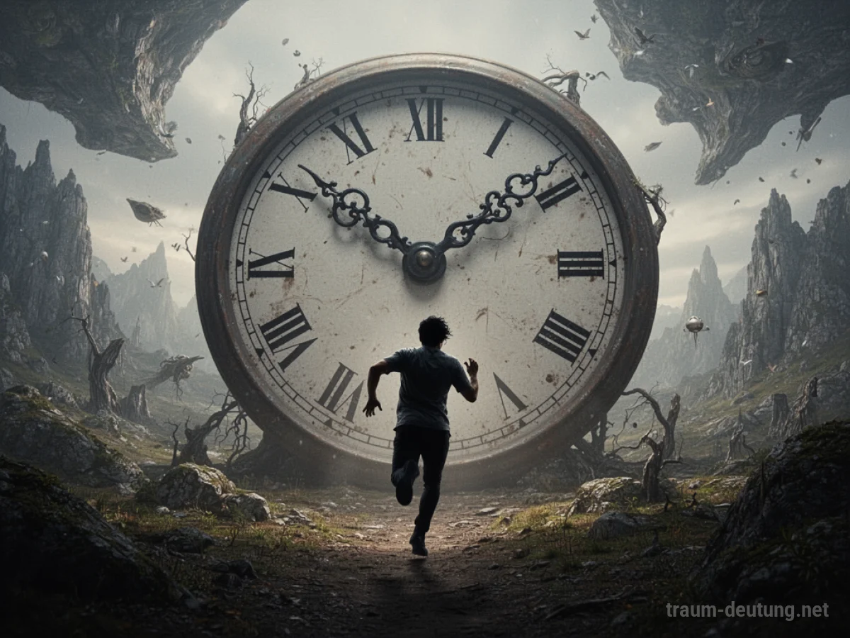 Silhouetten einer Person, die auf eine riesige Uhr zuläuft, die sich in einer verzerrten Landschaft befindet.