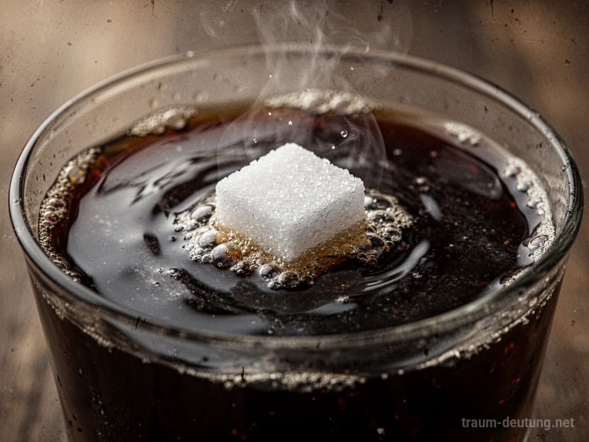 Ein Zuckerwürfel löst sich in einer dunklen, bitteren Flüssigkeit auf.