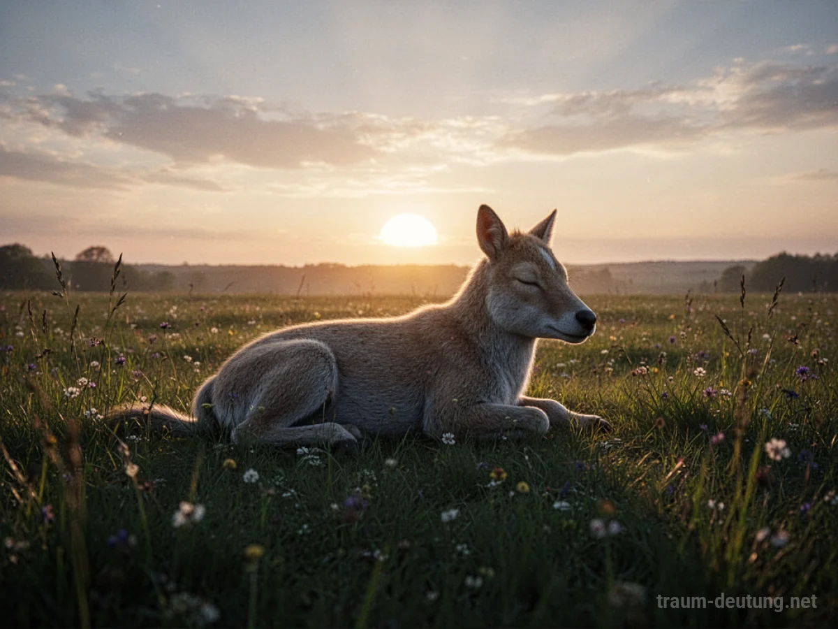 Silhouetten eines Tieres, das friedlich im Gras liegt, während die Sonne untergeht.