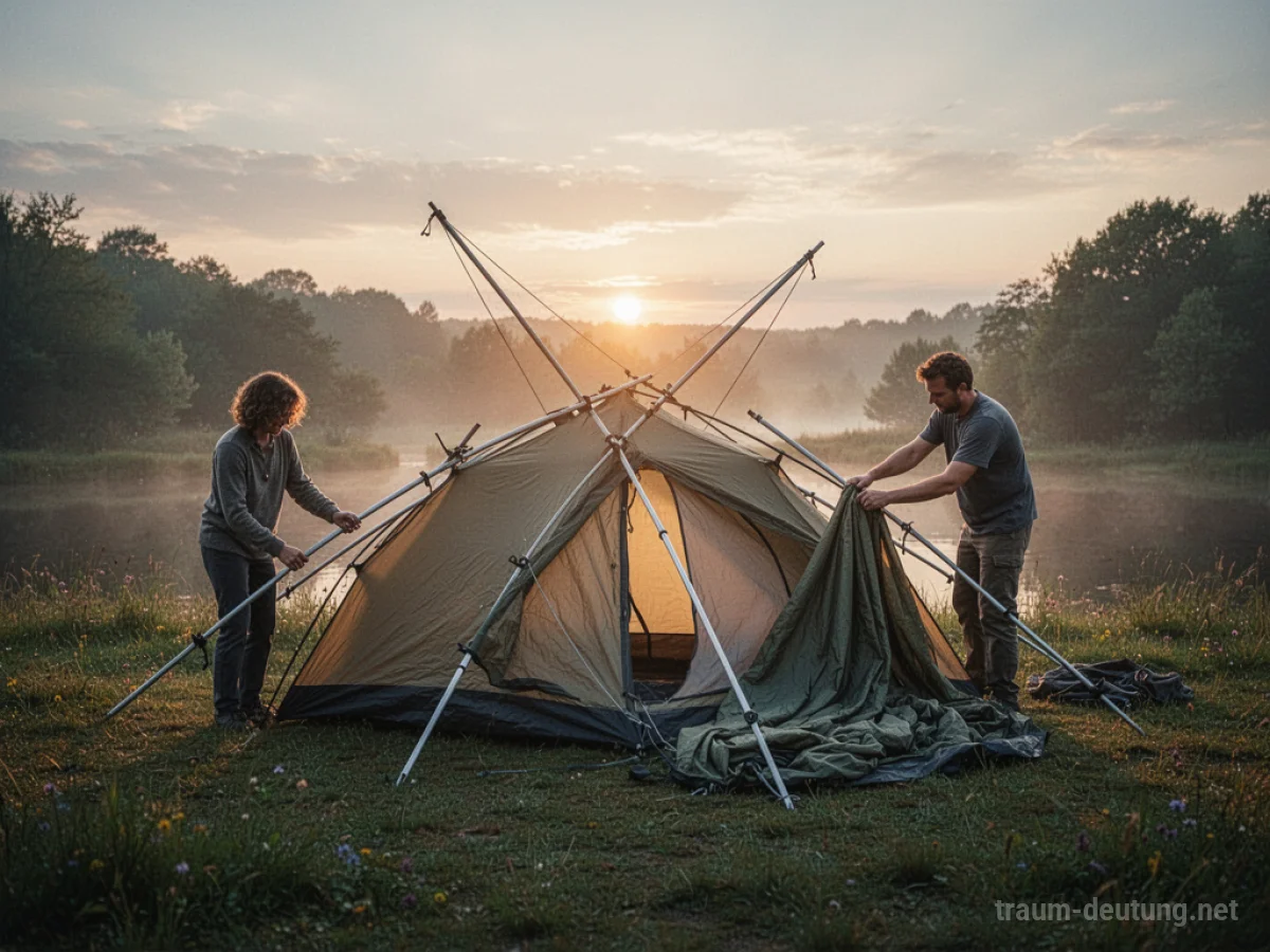 Ein Zelt wird im Morgengrauen abgebaut, die ersten Sonnenstrahlen beleuchten die Szene.