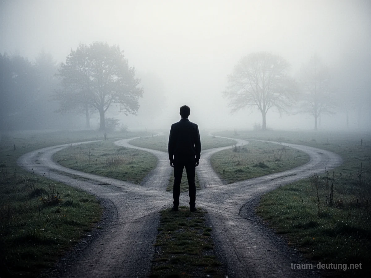 Silhouette einer Person an einer Weggabelung, die in Nebel führt