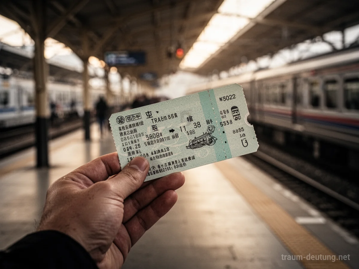 Hand hält ein Zugticket vor einer verschwommenen Bahnhofskulisse.
