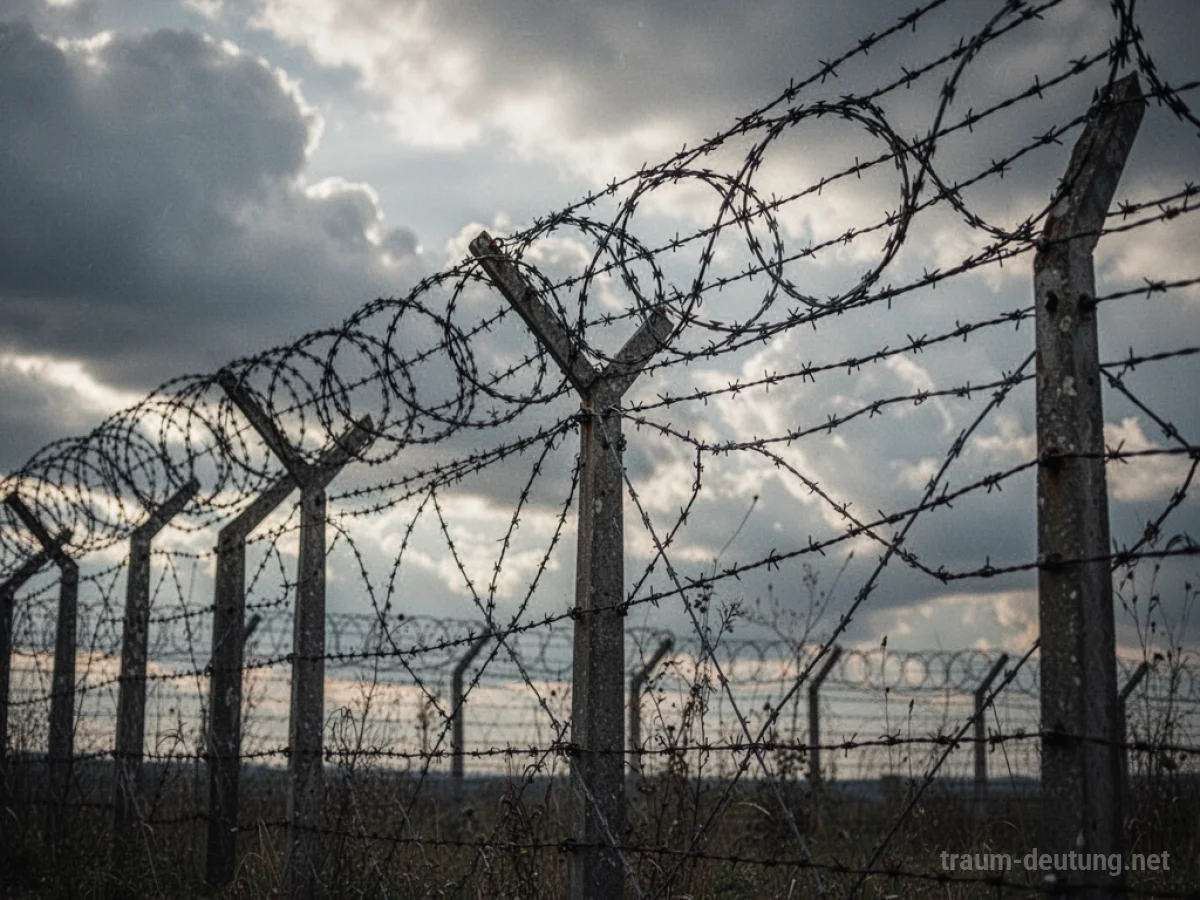 Ein Stacheldrahtzaun als klare Grenze vor einem dramatischen Himmel.