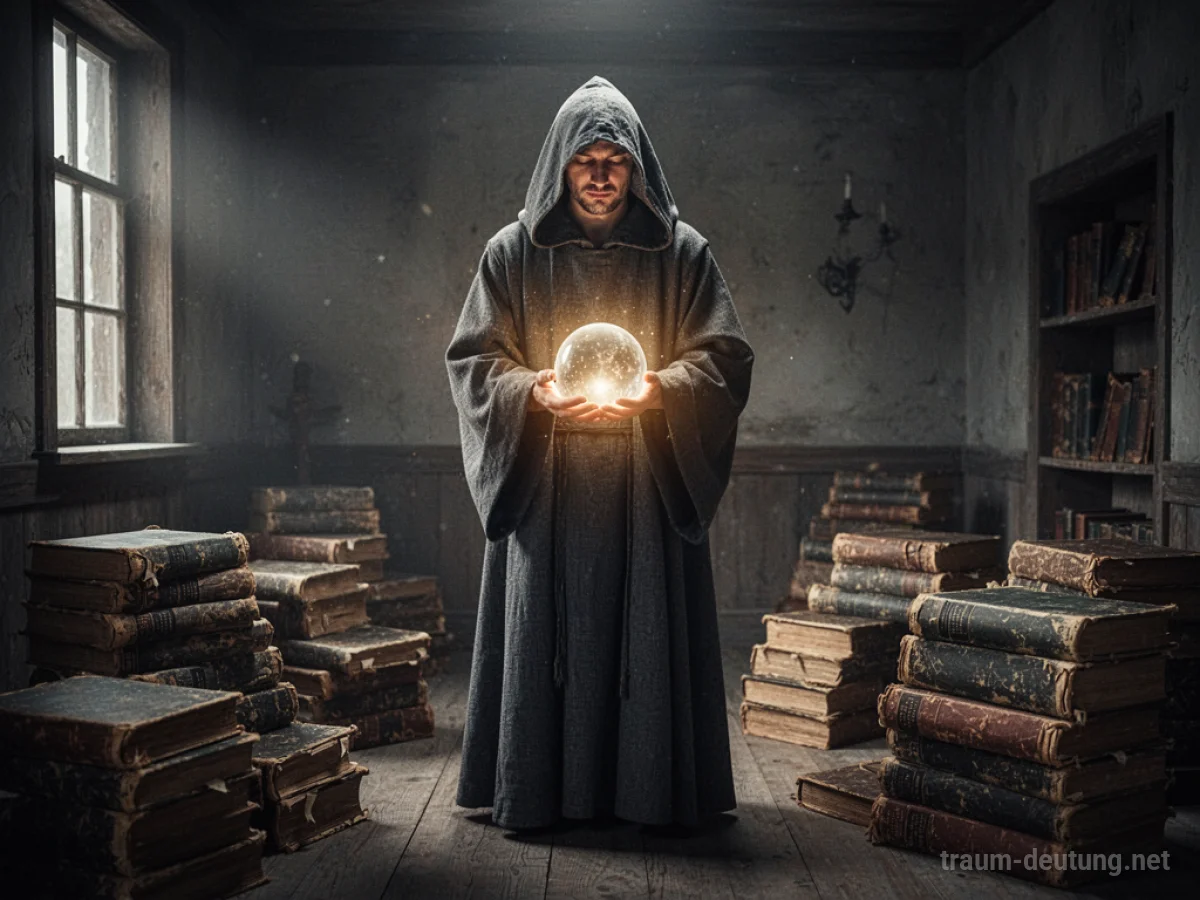 Mann mit Robe und leuchtender Kugel in mystischem Raum