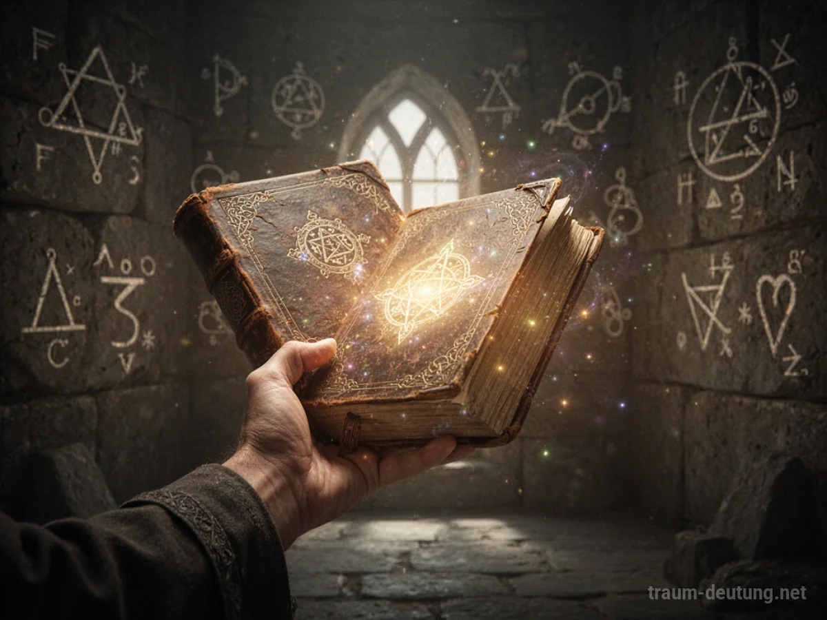 Hand hält ein leuchtendes Zauberbuch, das magisches Licht verströmt.