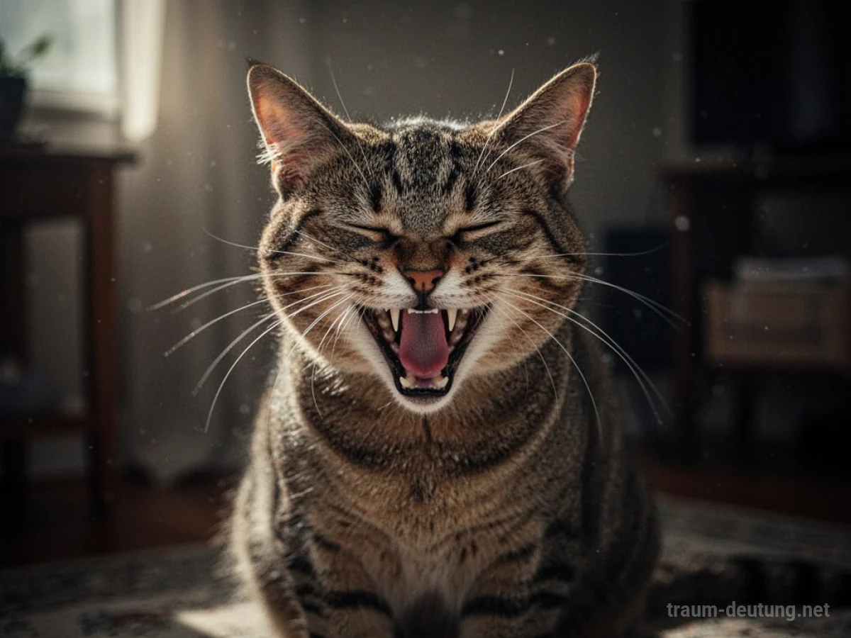 Eine zornige Katze mit gefletschten Zähnen und angespannten Ohren.