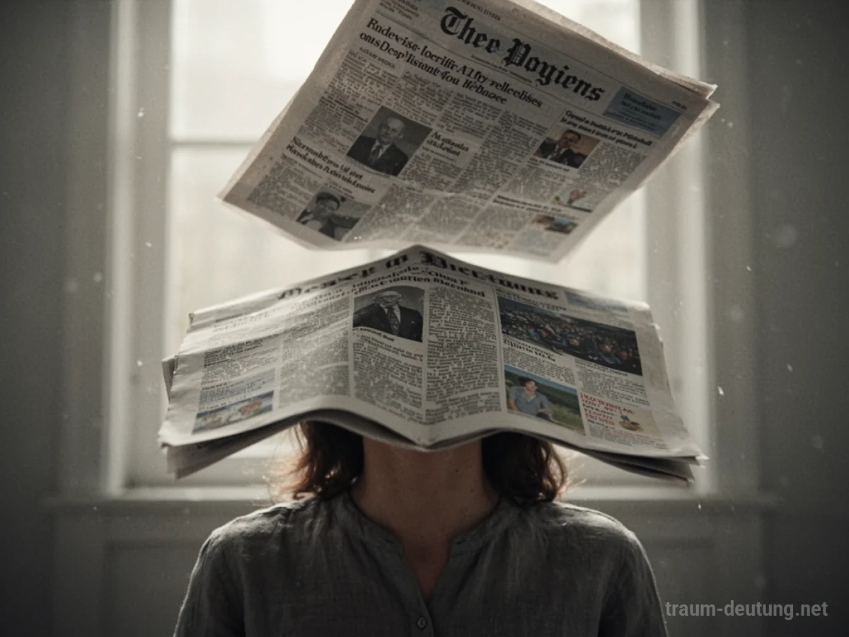 Eine Zeitung fällt von oben auf eine Person herab.