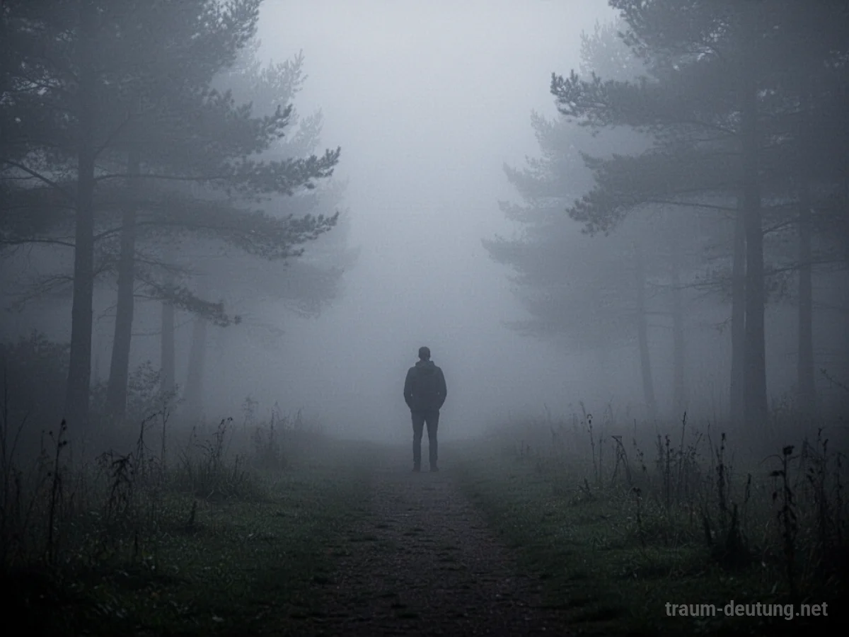 Ein schmaler Pfad verliert sich in dichtem Nebel, eine Person steht davor.