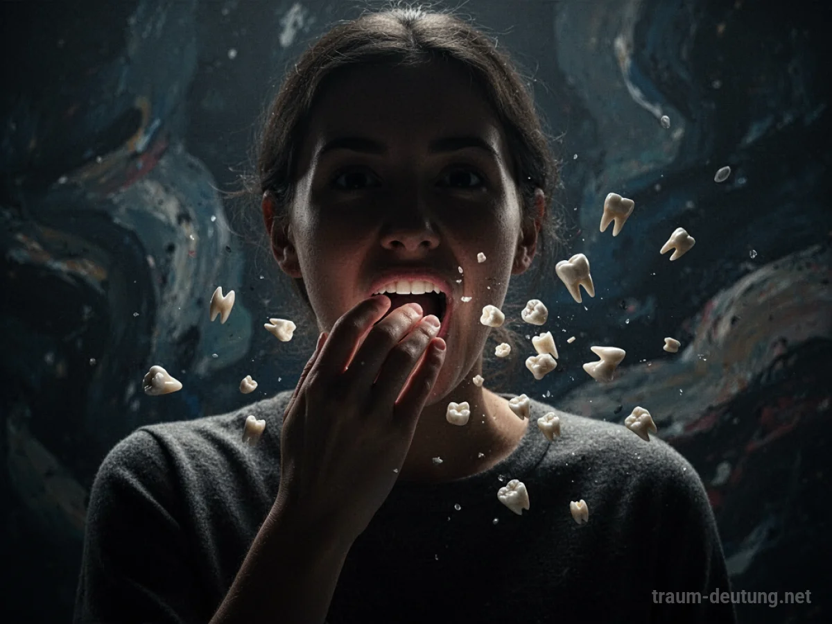 Person hält sich den Mund, während zahnähnliche Fragmente zu Boden fallen
