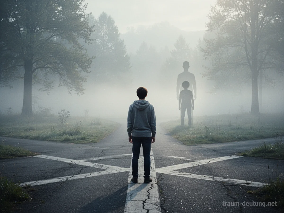 Silhouetten von zwei Personen, eine ältere und eine jüngere, stehen sich in einer nebligen Landschaft gegenüber.
