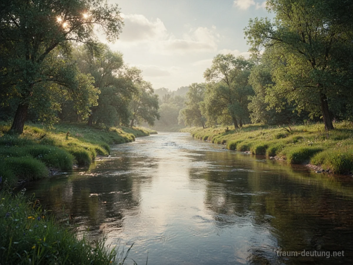Ein ruhiger Fluss fließt durch eine grüne Landschaft im sanften Licht
