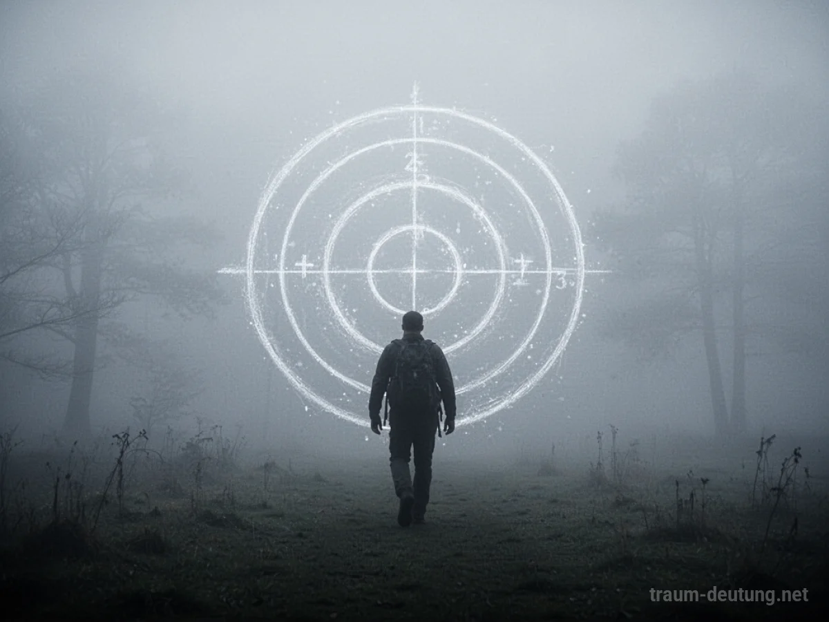 Silhouette geht durch dichten Nebel auf ein schemenhaftes Ziel zu.