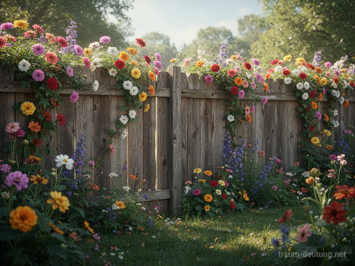 Ein hölzerner Zaun, der von bunten Blumen überwuchert wird.