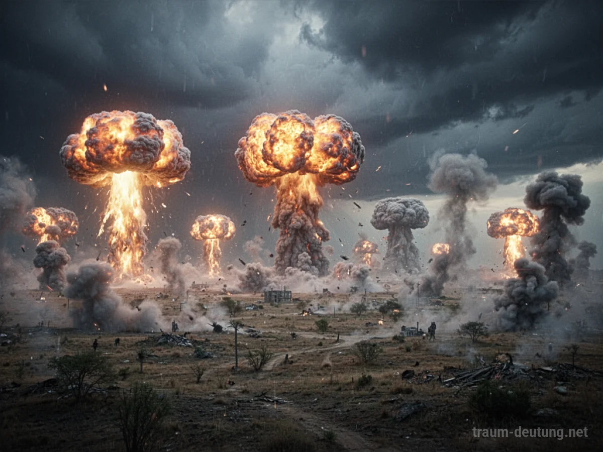 Weite Landschaft mit mehreren entfernten Explosionen und Rauchsäulen unter einem stürmischen Himmel.