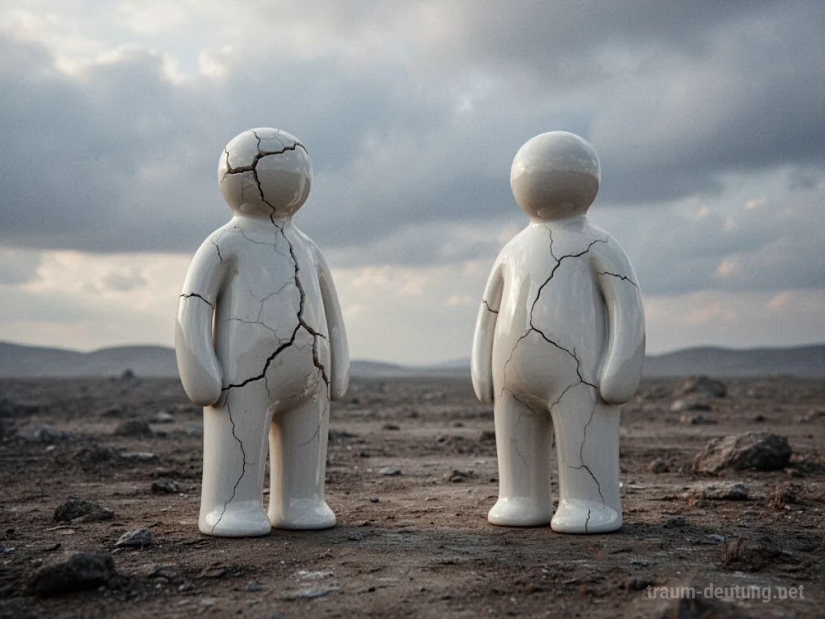 Abstrakte Figuren mit Rissen stehen getrennt auf einer kargen Landschaft.
