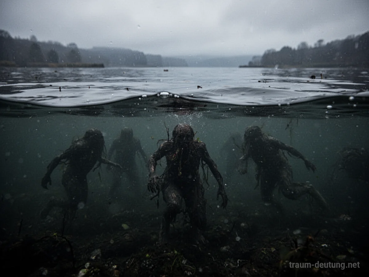 Schattenhafte Figuren bewegen sich unter der Wasseroberfläche in einem dunklen Gewässer.