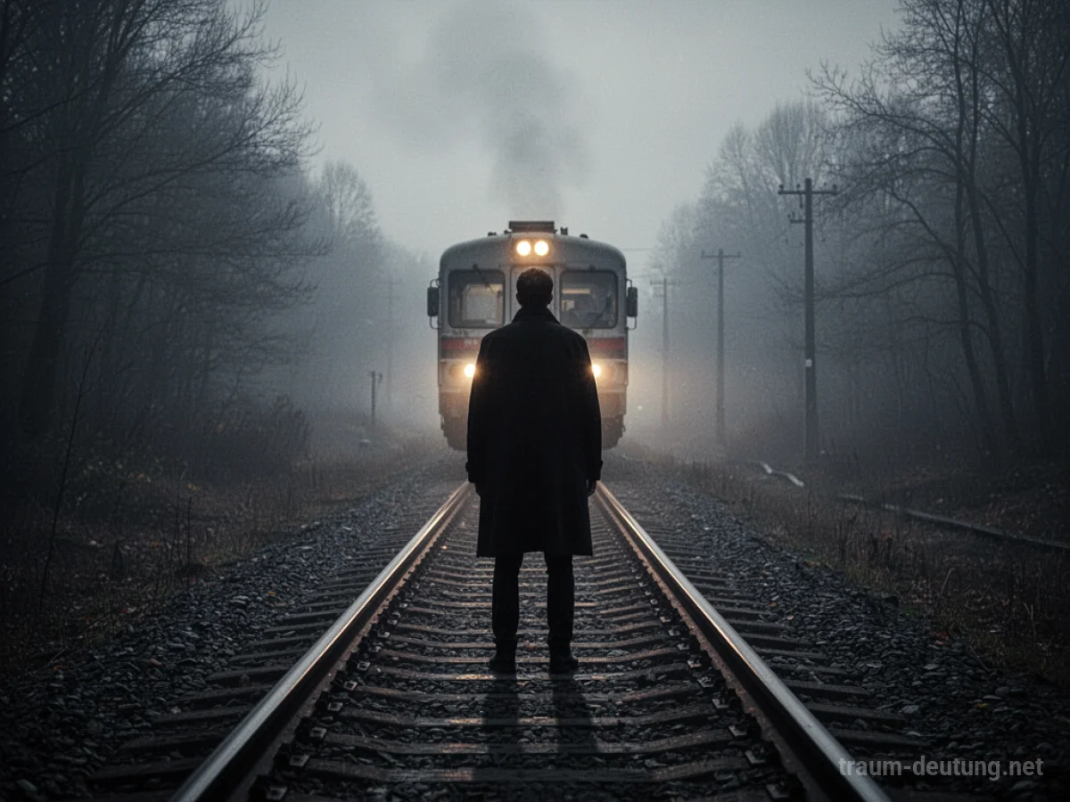 Eine Person steht auf Bahngleisen, während sich ein Zug nähert.