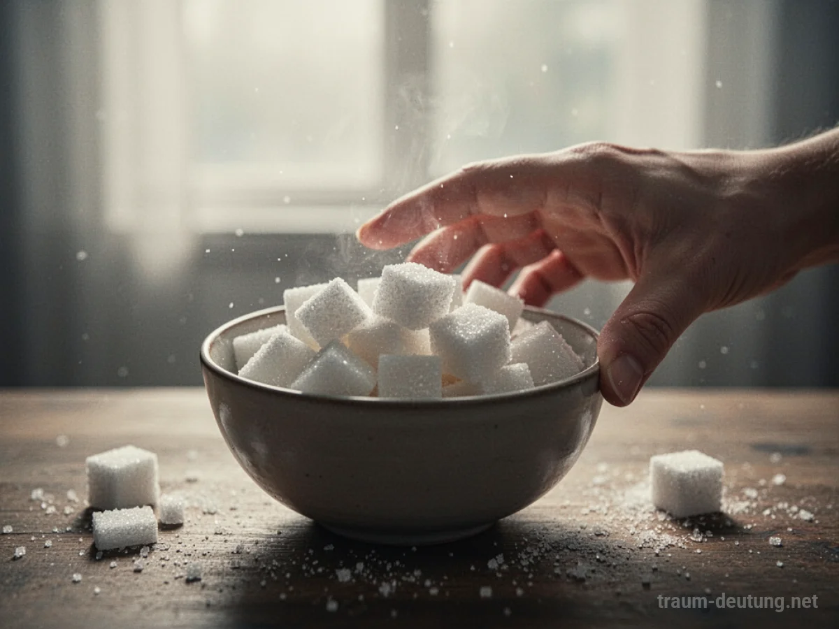 Hand lehnt eine Schüssel mit Zuckerwürfeln ab
