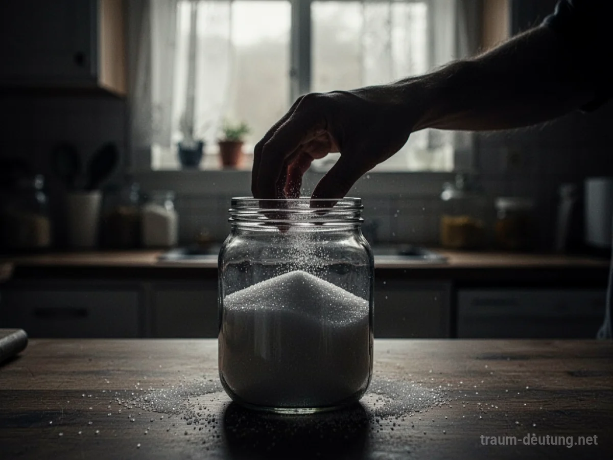 Hand stiehlt Zucker aus einem Glas im Dunkeln.
