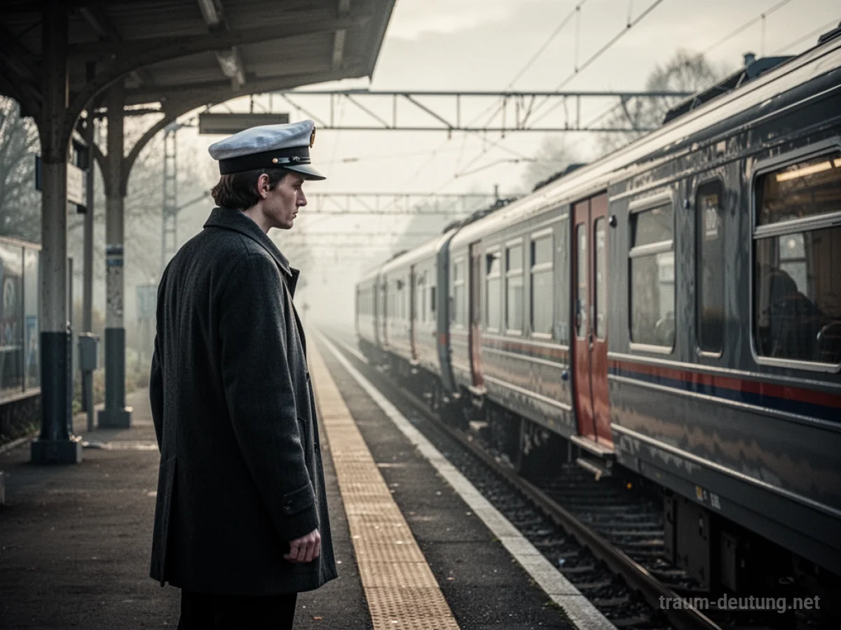 Eine Person als Zugführer auf einem Bahnsteig mit Blick auf die Gleise.