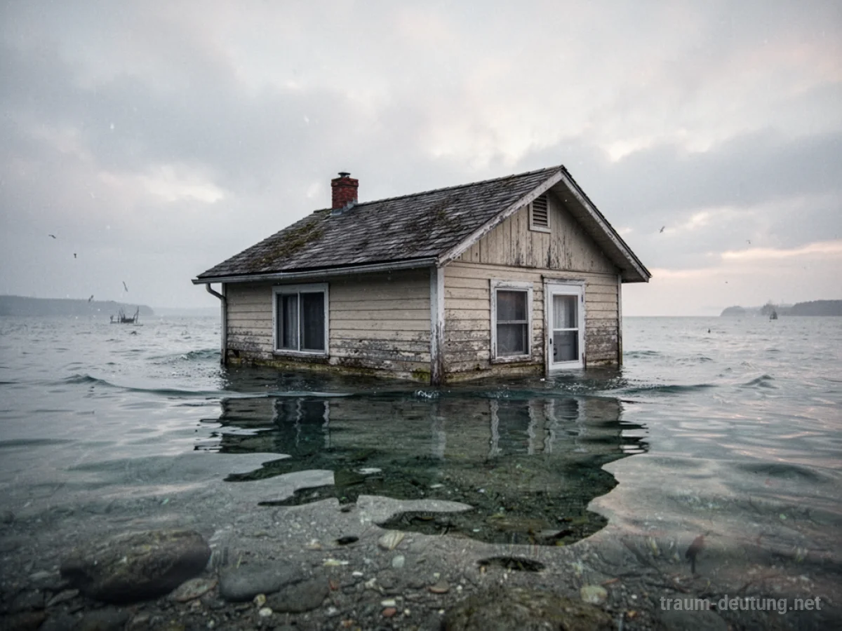 Ein Haus steht teilweise unter Wasser, umgeben von Ruhe.
