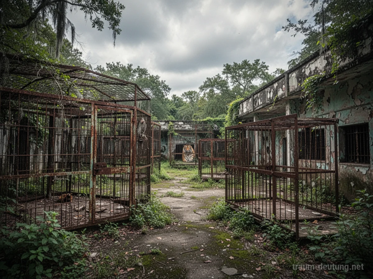 Verlassener Zoo mit überwucherten Gehegen und verrosteten Käfigen.