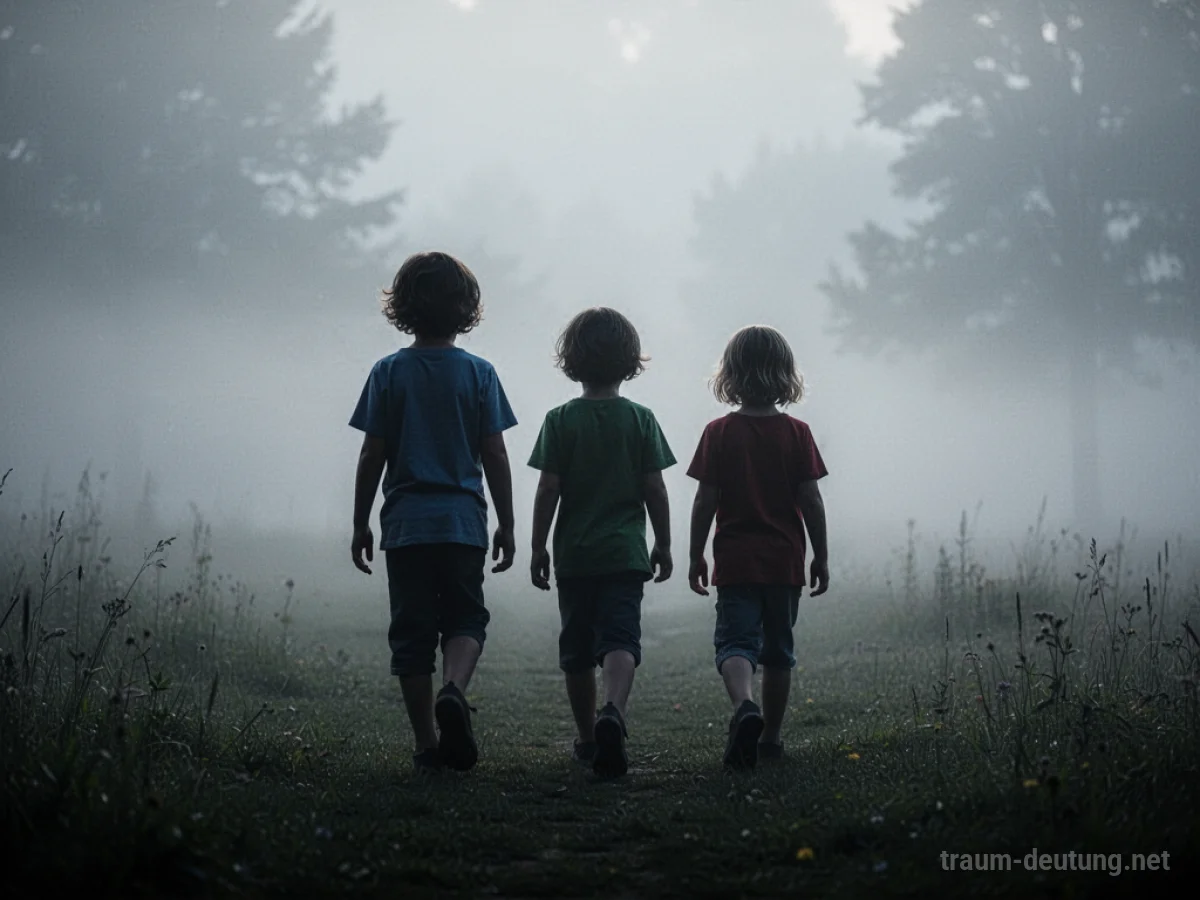 Zwei Kinder-Silhouetten gehen in eine neblige Landschaft.