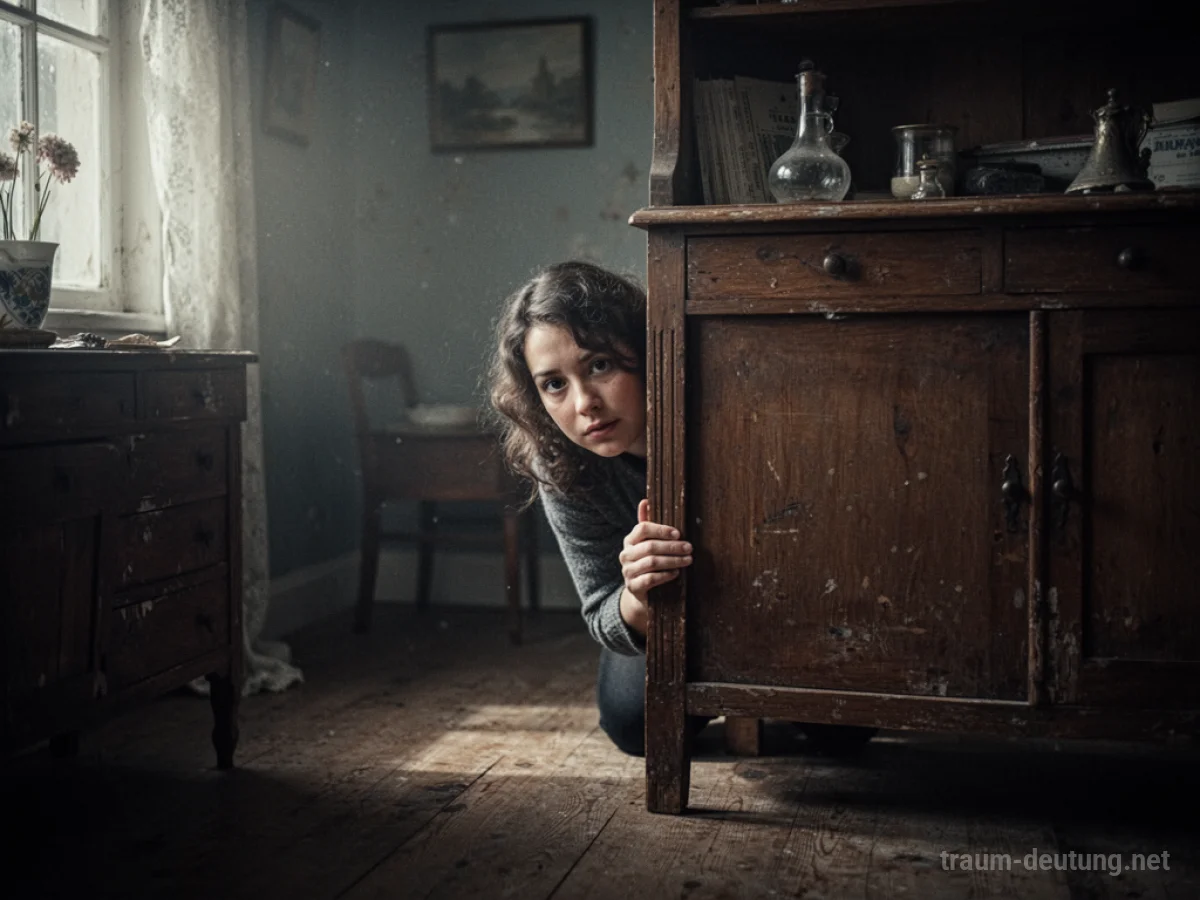 Person versteckt sich in einem Zimmer hinter einem Möbelstück.